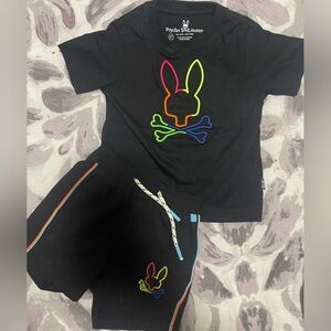 Psycho Bunny Black Tee and Shorts with Neon Multicolor Logo